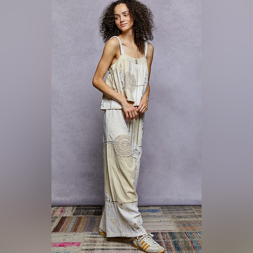 Pol Solid Lace Patch Detail Woven Pants Bohemian Patchwork View 3